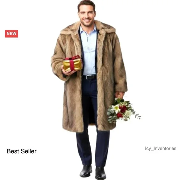 Long Faux Fur Coat Trench Jacket Men's Winter Elegant Classic Toggle Closure